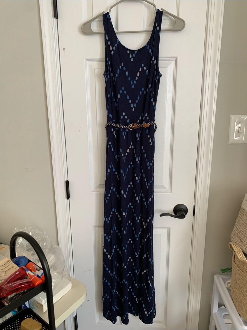 MERONA Womens Blue Ivory Print Rounded Neck Belted Sleeveless Tank Maxi Dress